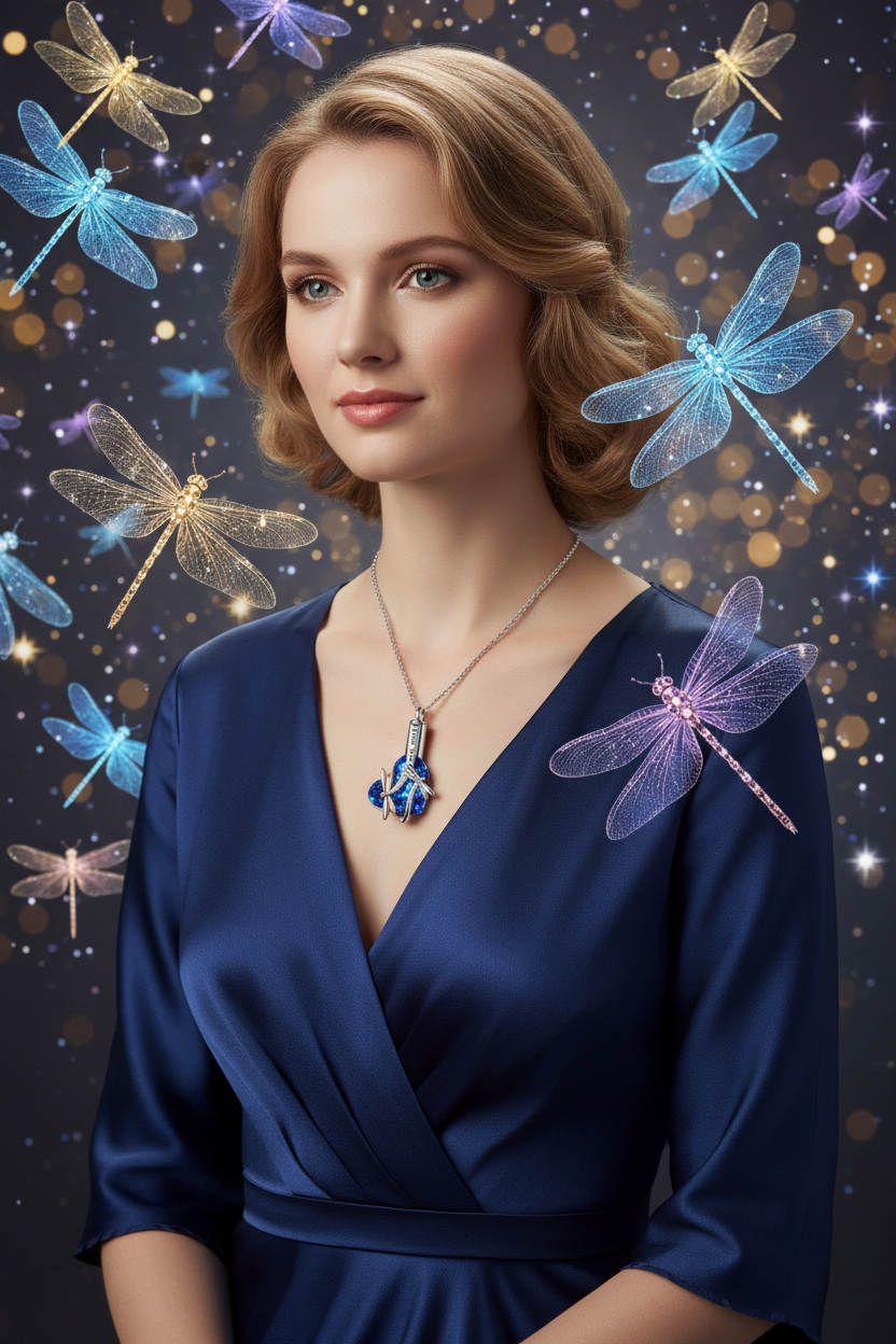 Silver chain necklace with blue crystal dragonfly urn pendant, front view with short chain