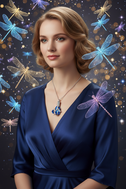 Silver chain necklace with blue crystal dragonfly urn pendant, front view with short chain