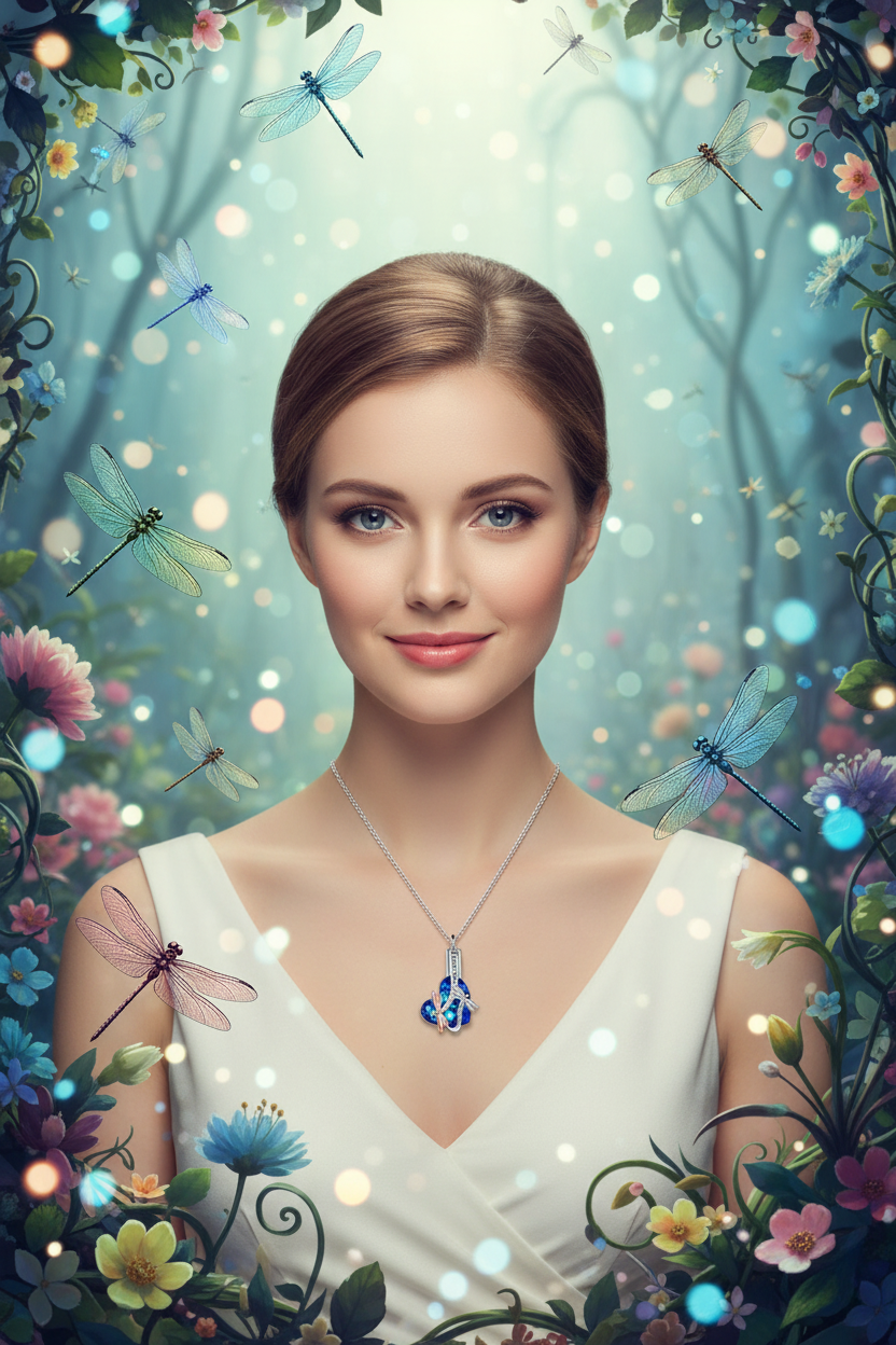 Silver chain necklace with blue crystal dragonfly urn pendant, centered at V-neckline