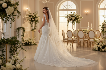 White mermaid wedding dress with lace bodice, veil, and long flowing train.