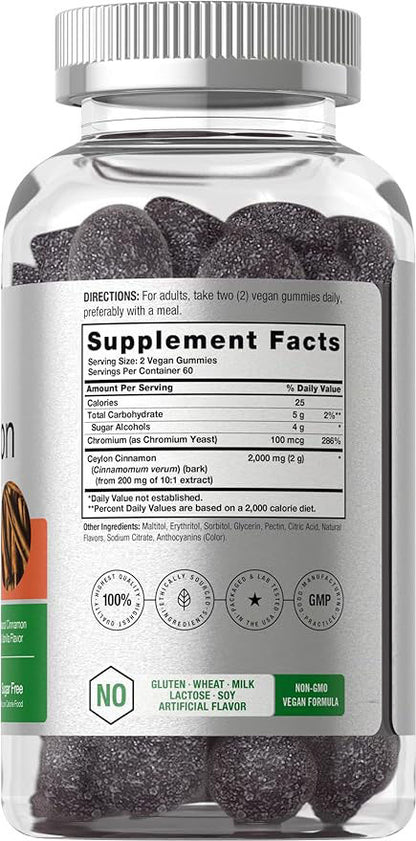 Ceylon cinnamon sugar-free gummies bottle showing Supplement Facts nutrition panel