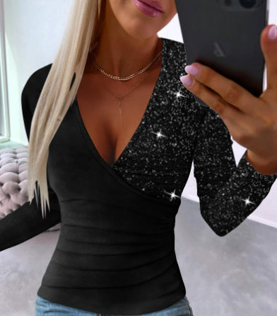 Black V-neck knitted pullover with sunken stripes, long sleeves, front buttons