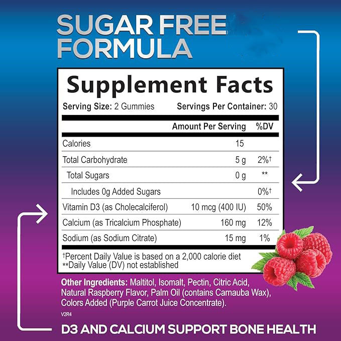 Supplement Facts panel for sugar-free calcium gummies with Vitamin D3 per serving