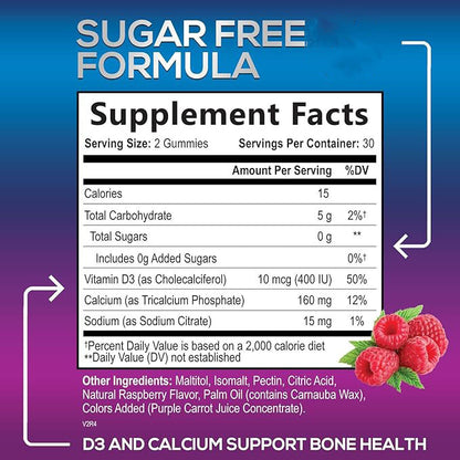 Supplement Facts panel for sugar-free calcium gummies with Vitamin D3 per serving