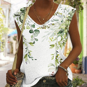 White V-neck short-sleeve T-shirt with green leaf floral print, front view