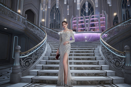Silver off-shoulder sequin fishtail evening dress, long sleeves, side slit