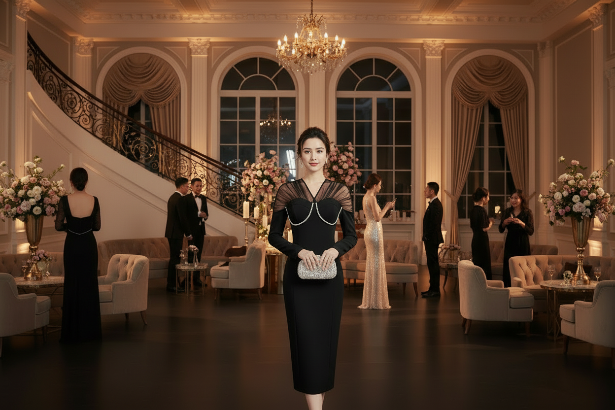Black long-sleeve slim-fit knit midi dress with diamond patchwork and curved neckline trim