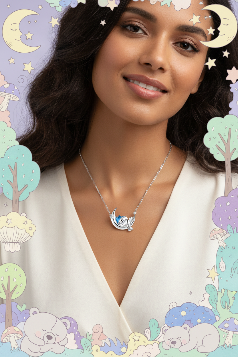 Sterling silver necklace with moon and bear pendant at center, fine chain