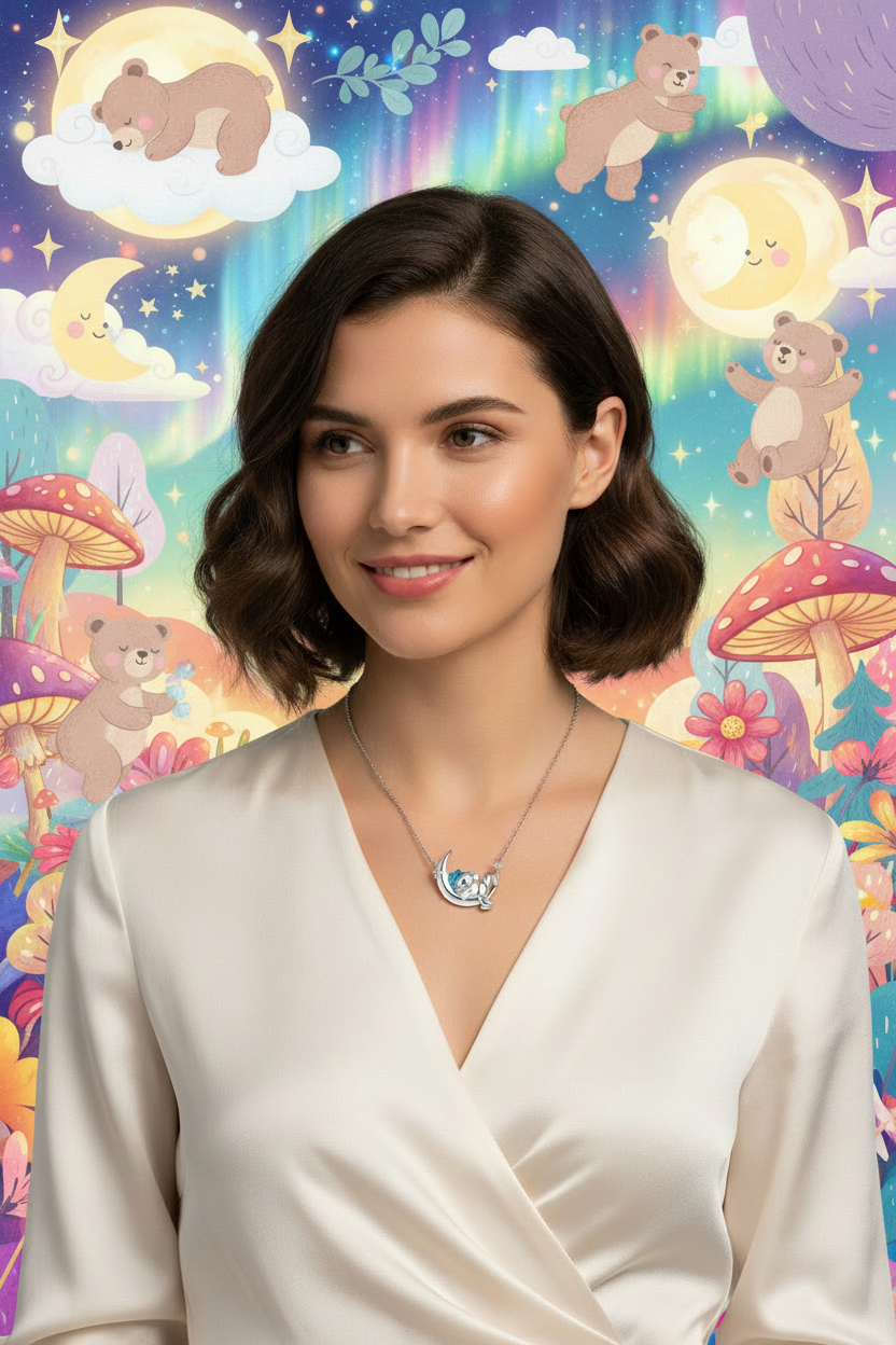 Sterling silver moon pendant necklace with bear charm on delicate chain
