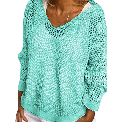 Women Fall Hoodies Sweater Knit V Neck Tops Casual Long Sleeve Pullover Shirts