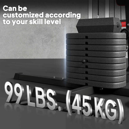 Stack of black weight plates with barbell, part of the multi-home gym weight system