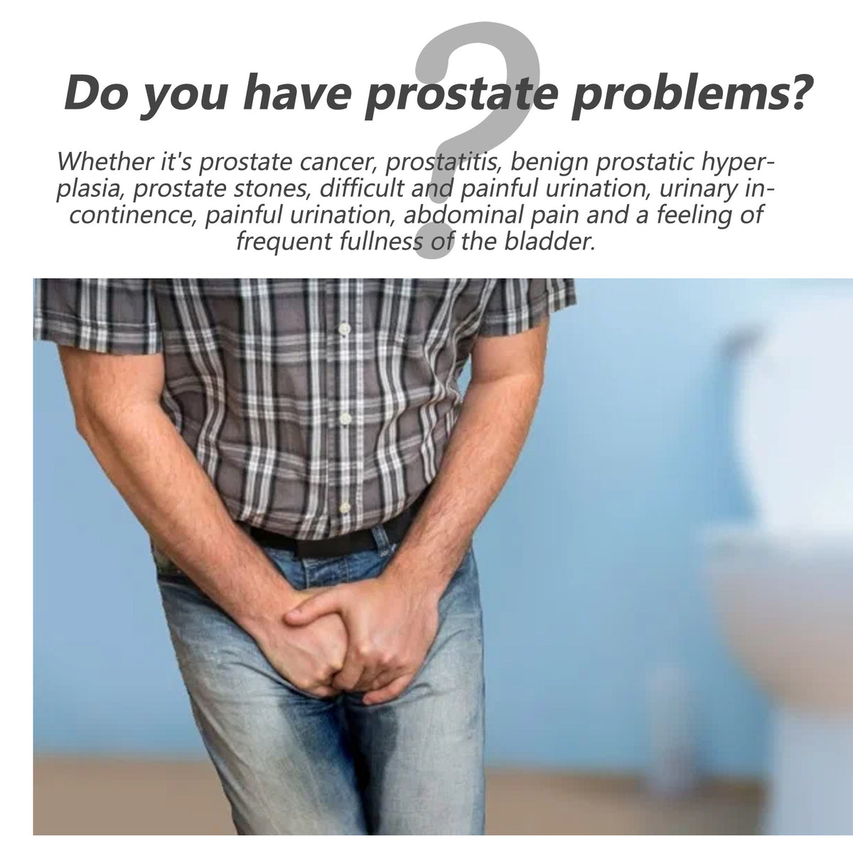 Herbal prostate supplement info graphic with a man holding his groin
