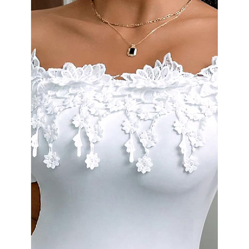 Women's Off Shoulder Short Sleeve Bodysuit Sexy Lace Bodycon Top