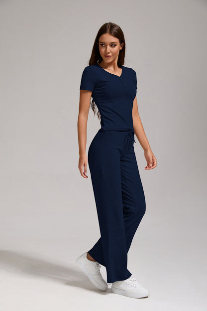 Women's Casual Two-piece Set With V-neck Button, Short Sleeved, Low Waisted Flared Pants, Sportswear
