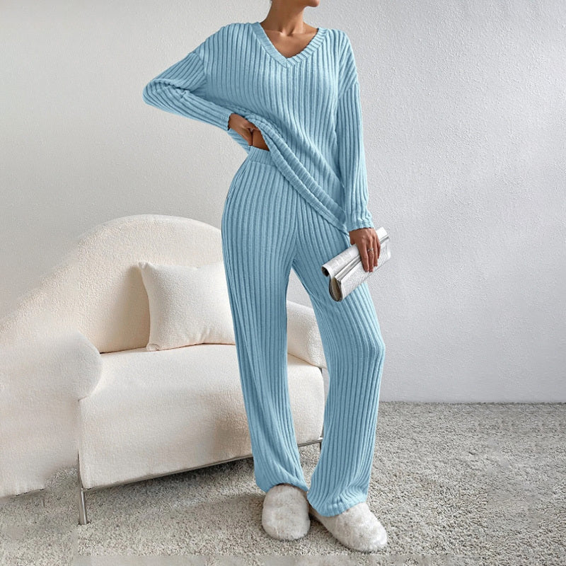 Women's 2-Piece Set Solid Color V-Neck Long Sleeve Top & Straight Leg Pants, Ribbed Texture Outfit