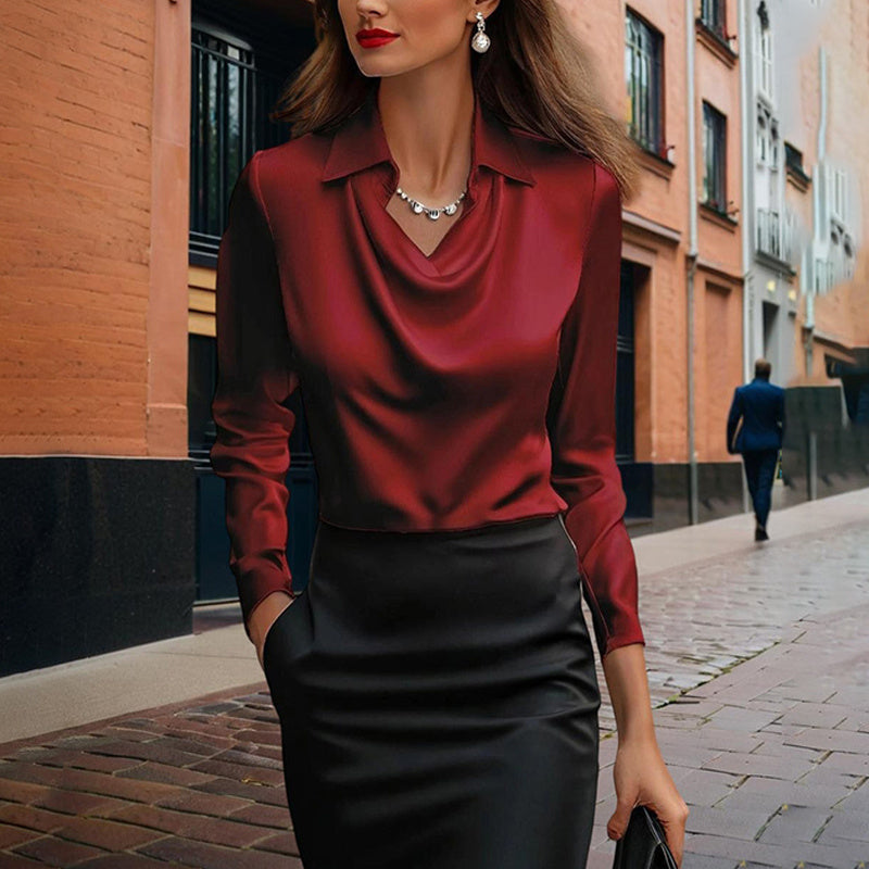 Women's Elegant Long Sleeve Blouse - Solid Color Lapel Top With Rucked Chest