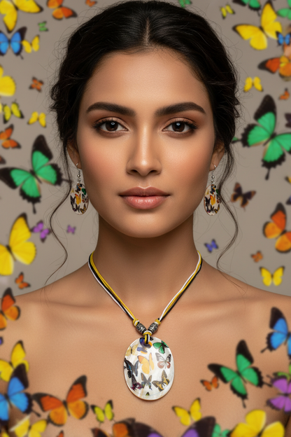 Shell necklace and drop earring set with multicolor oval pendant and dangle earrings