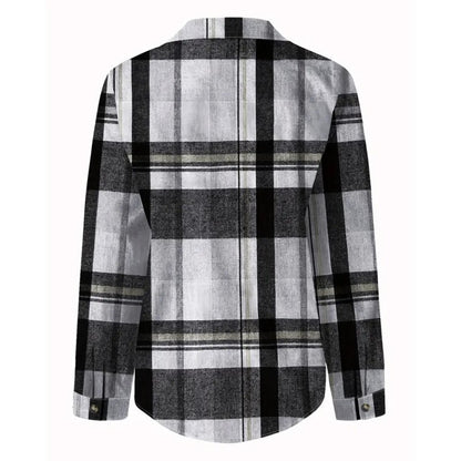 Women's Casual Plaid Long Sleeve Shirt - Button-Down Top With Chest Pocket, Classic Lapel Collar Wear
