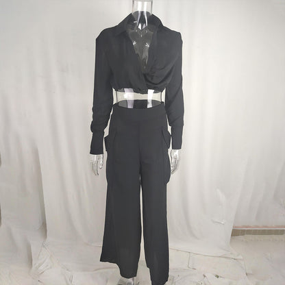 Women's Plus Size Elegant Pant Set - Crisscross Detail Top & Wide Leg Pants With Pockets