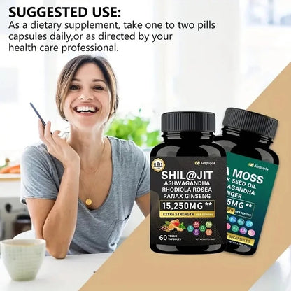 Two supplement bottles: shil@jIt 15,250 mg and sea moss 19,445 mg