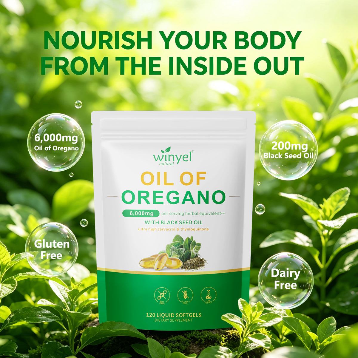 Oil of Oregano liquid softgels pouch with gluten-free and dairy-free icons