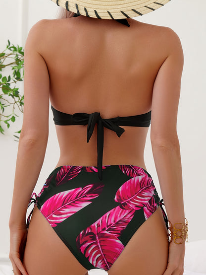 Women's Fashion Bikini Set, Sexy Drawstring Solid Color Tropical Print Two-piece Swimsuit.
