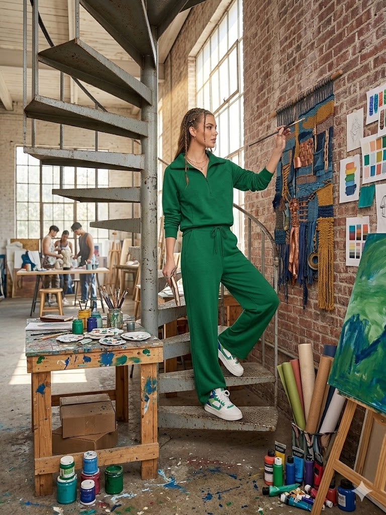 Green two-piece tracksuit with quarter-zip long-sleeve top and wide-leg pants