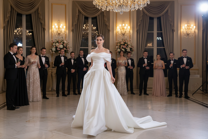 White off-shoulder satin princess wedding dress with structured bodice and floor-length skirt