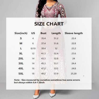 Women's Plus Size Elegant V-Neck Long Sleeve A-Line With Starry Sky Print, Slim-Fit Flowy Maxi Dress