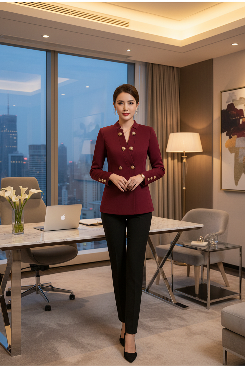 Women’s double-breasted long sleeve top, dark red with gold buttons and button cuffs