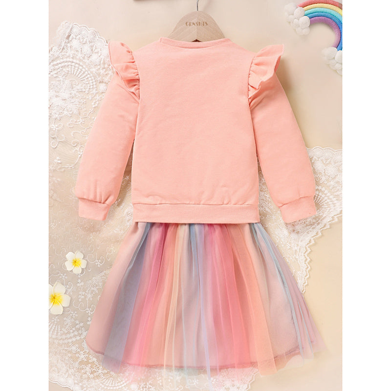 Baby Girls Skirt Set Letters Embroidery Long Sleeve Sweatshirt Tops & Rainbow Tutu Skirt Outfits