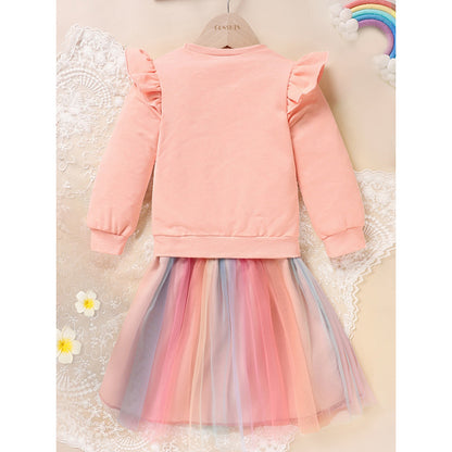 Baby Girls Skirt Set Letters Embroidery Long Sleeve Sweatshirt Tops & Rainbow Tutu Skirt Outfits