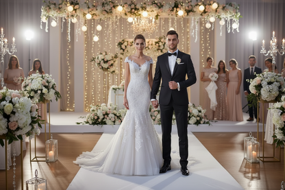White mermaid lace wedding dress with embroidered bodice and full floor-length train