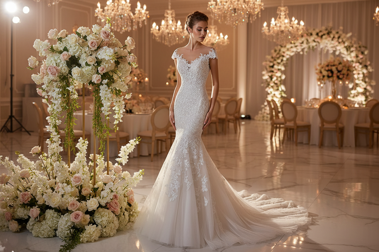 White lace mermaid wedding dress with off-shoulder lace sleeves and flared skirt
