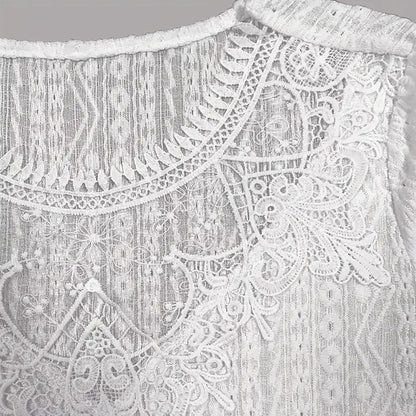 Women's Round Neck Lace Trim Semi-Sheer Blouse - Sexy Half Sleeve Hollow Out Top For Spring&Summer