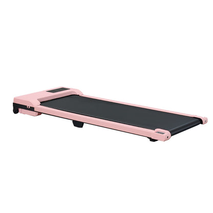 Pink walking pad treadmill three-quarter view with black belt and foldable frame