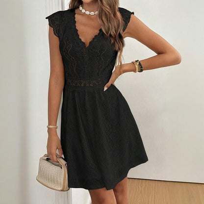 Women's V-Neck Solid Color Short Sleeve With Lace Trim - Summer Sexy Vacation Dress