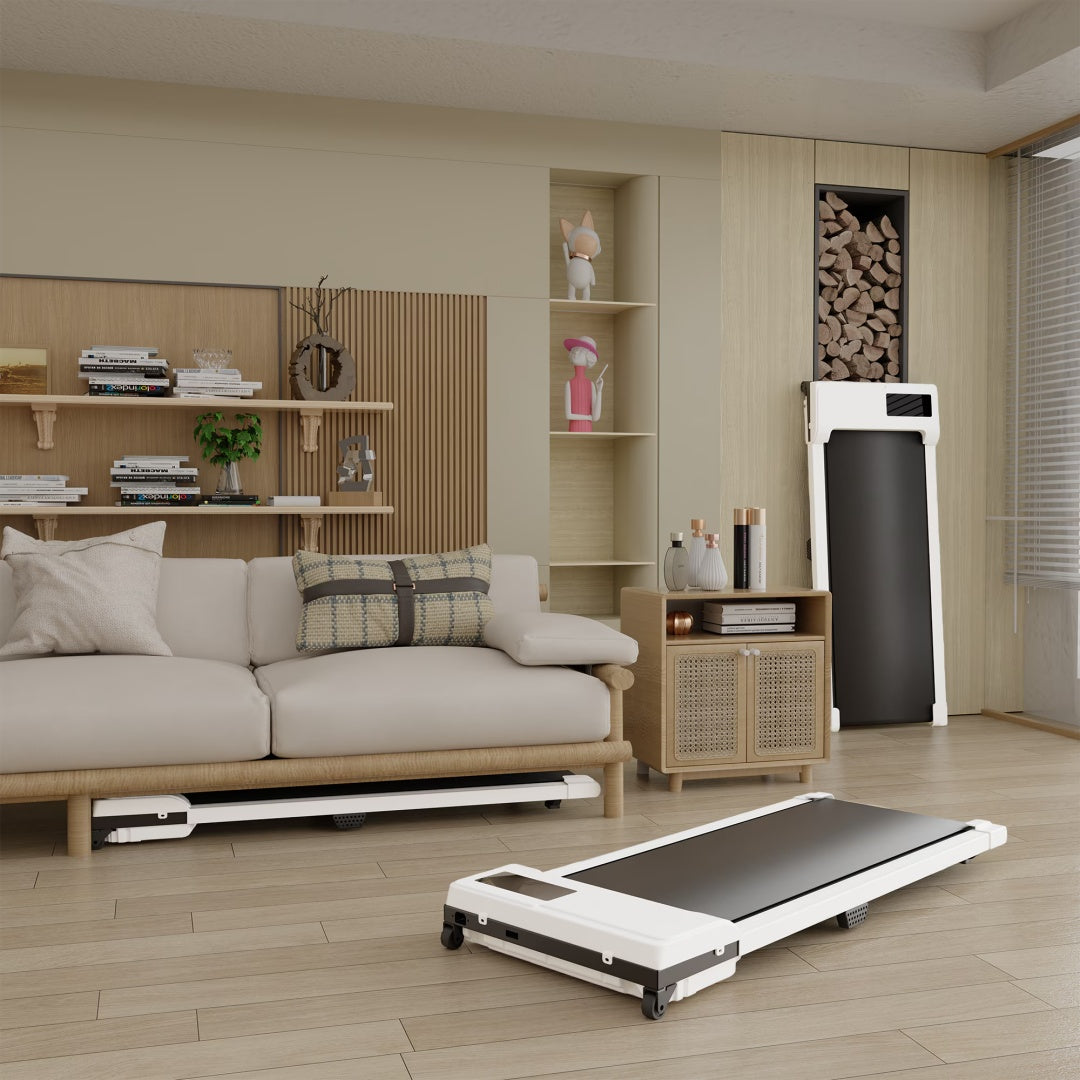 White folding walking treadmill in a living room with extended running deck
