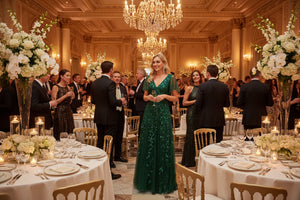 Green long evening dress with V-neckline, fitted bodice, and flowing skirt