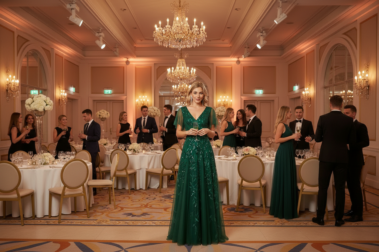 Women's long evening dress, deep green V-neck with flowing skirt