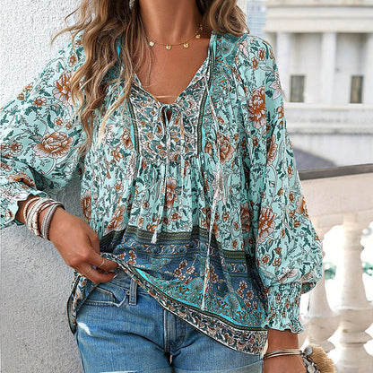 Women's Boho Chic Long Sleeve Blouse Floral Print V-Neck Top With Lace-Up & Drawstring Detail Elegant Vacation Shirt
