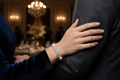 S925 silver diamond bracelet on a wrist, shown with intertwined hands