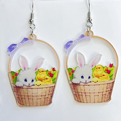 Easter Rabbit Flower Basket Cute Printed Egg Chick Spring Floral Earrings