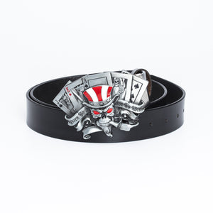 Mens black leather belt with skull playing-card buckle and red accents