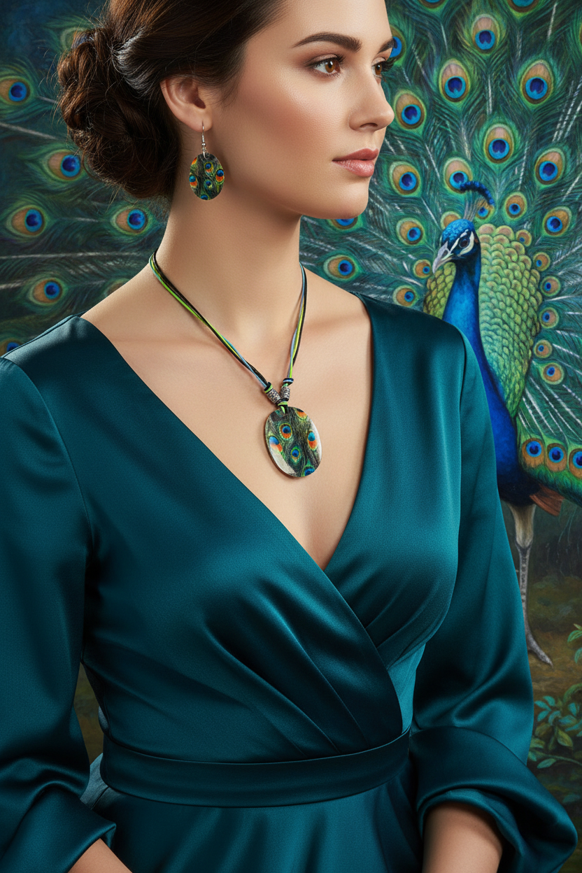 Shell jewelry set with peacock oval pendant and peacock drop earrings