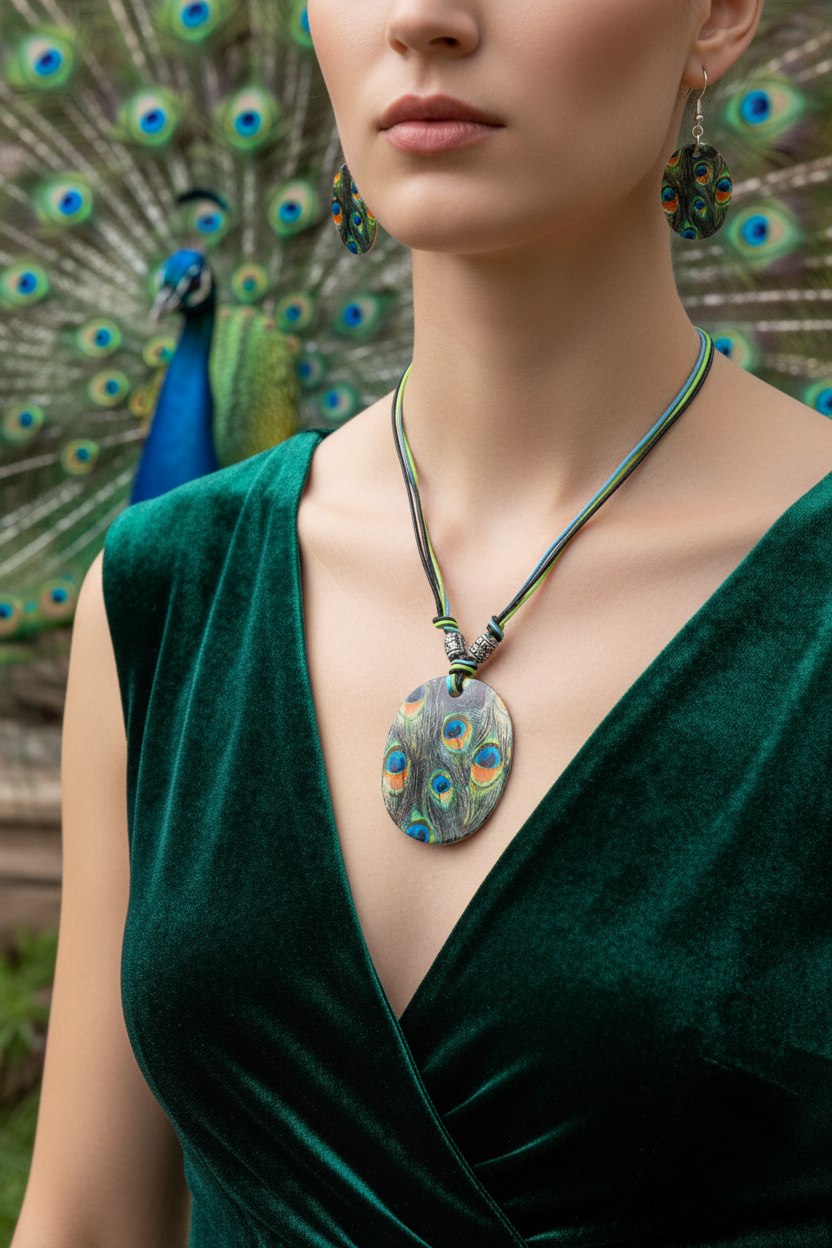 Shell necklace and earring set with oval peacock-style pendant and oval drop earrings