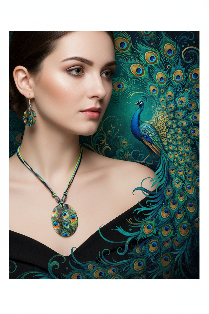 Shell necklace and drop earring set with peacock oval pendant and matching earrings