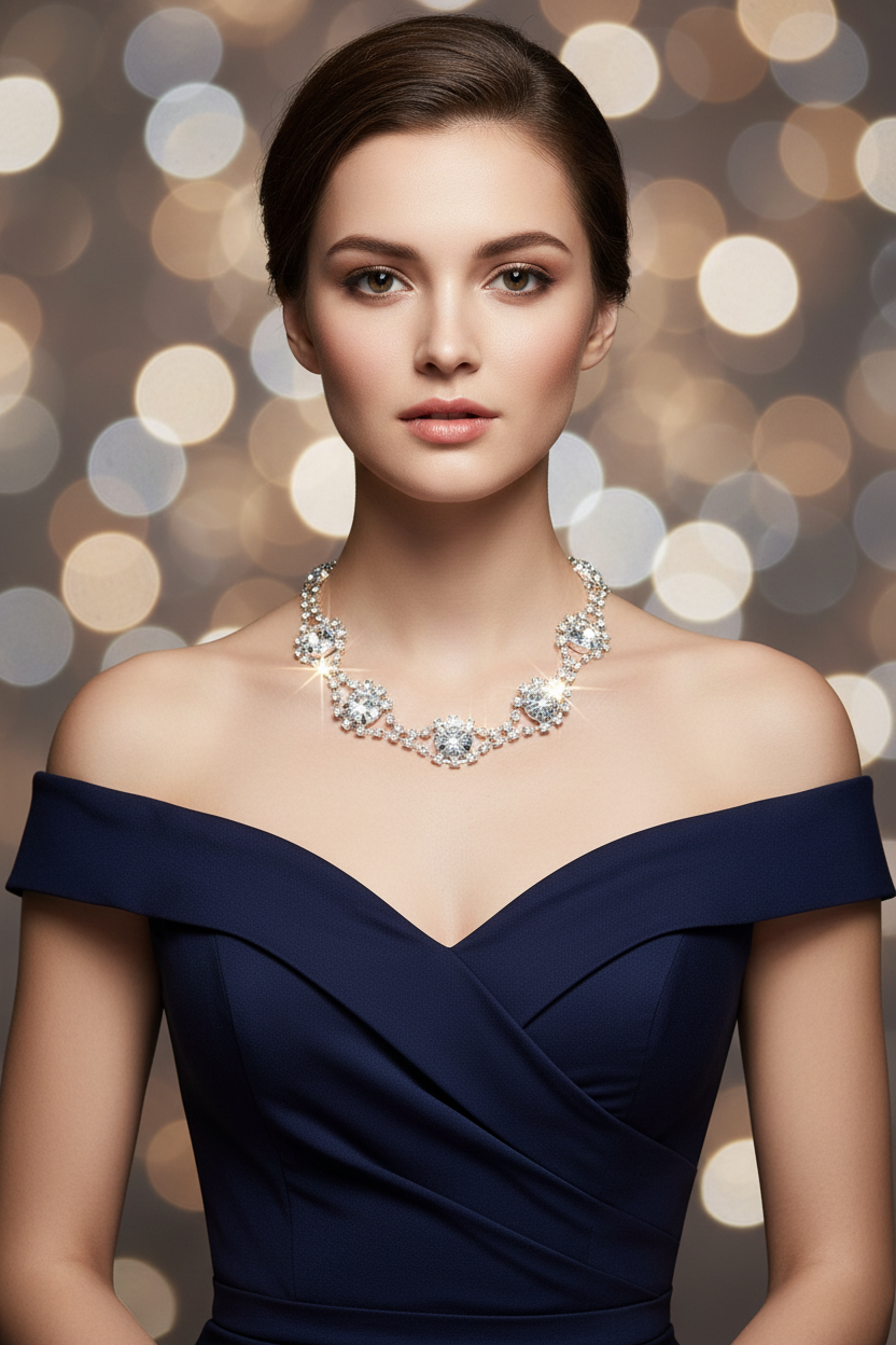 Sparkling rhinestone collar necklace with ornate linked stones and center motif