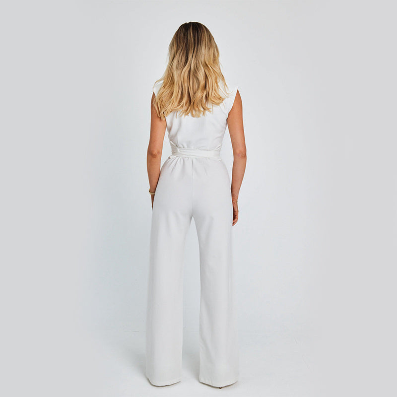 Fashion Elegant Sleeveless Jumpsuit Summer V-neck Casual Wide Leg Long Overalls Clothing For Women