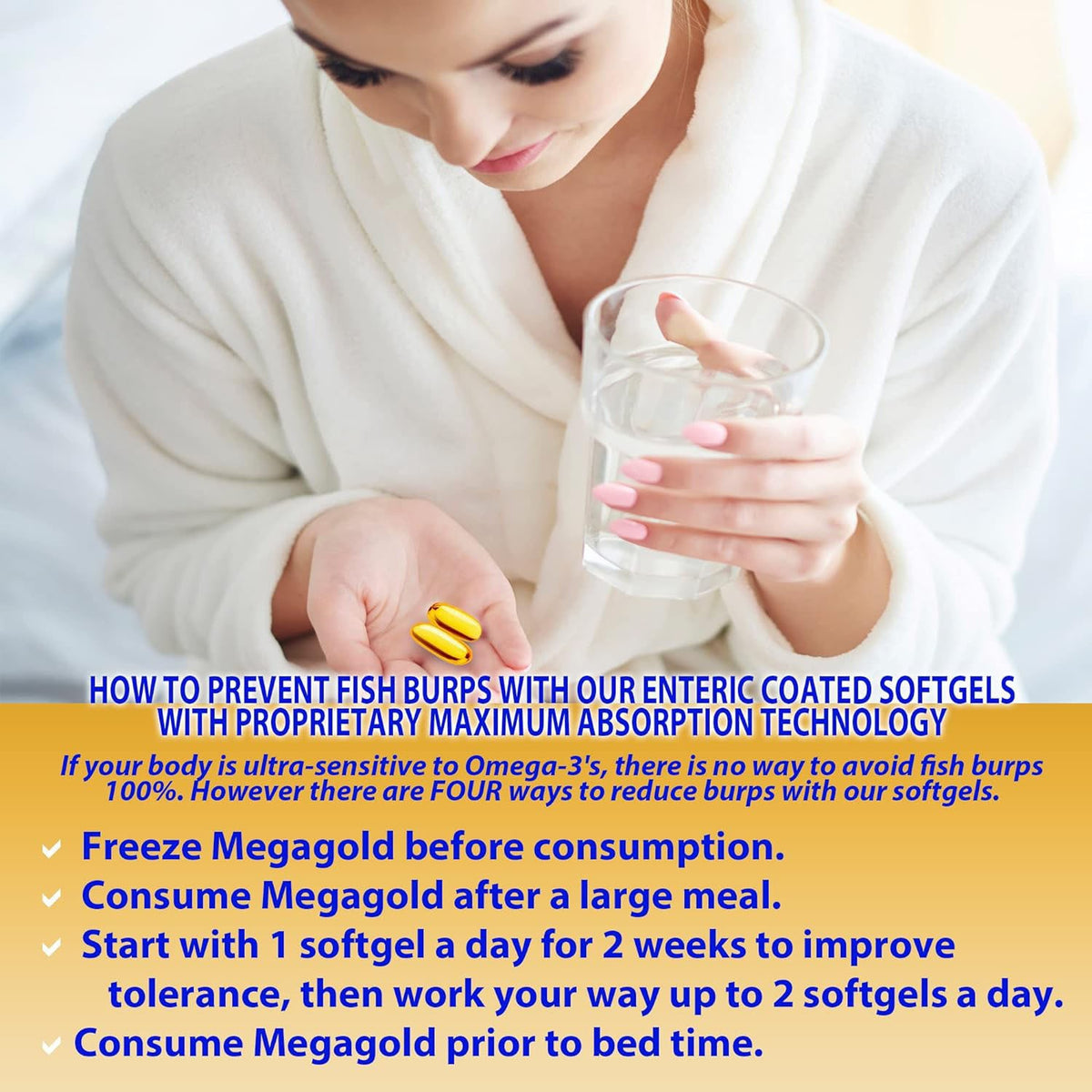 Person holding a glass and softgels near a fish oil bottle